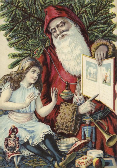 Ragazza che guarda un libro illustrato da Babbo Natale da French School