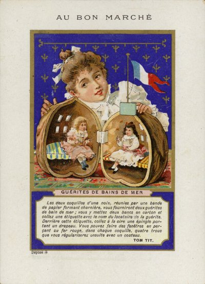 Ragazza che gioca con bambole seduta dentro un guscio di noce, Guerites de bains de mer da French School