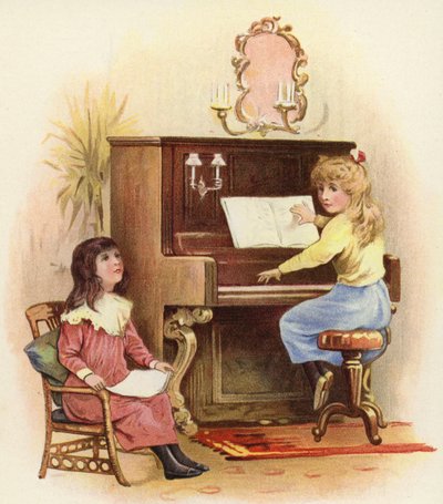 Ragazze al pianoforte e vicino al pianoforte da French School