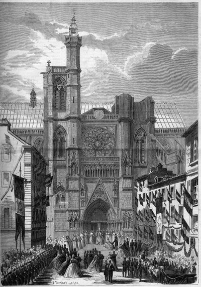 Architettura gotica: vista della Cattedrale Notre Dame di Clermont Ferrand (Clermont-Ferrand), Puy de Dôme (63), durante la visita di Napoleone III e dell