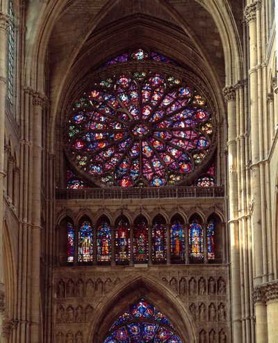 Architettura gotica: vista della rosetta della Cattedrale di Notre-Dame di Reims da French School