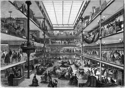 Grandi magazzini parigini; vista interna dei magazzini della Ville de Saint Denis, rue du Faubourg Saint Honore, Parigi da French School