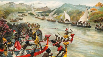 Grande combattimento su un fiume in Africa da French School