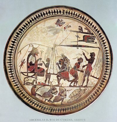 Coppa greca raffigurante Arcesilao II, re di Cirene (c.560-550 a.C.) che osserva la pesatura e il carico del silfio, copia di un originale del VI secolo a.C. da French School