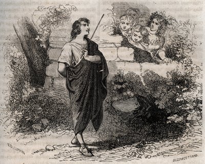Mitologia greca: Bacchis e i suoi amici cercano di sedurre Gyges che rifiuta e rimane fedele alla sua defunta moglie. Incisione del 1871 in 