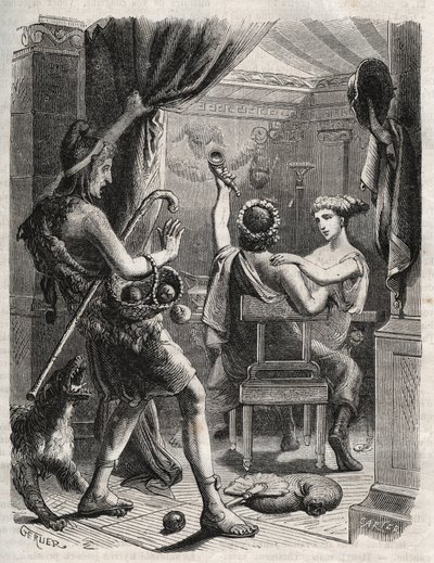 Mitologia greca: "Questo grido fu fatto da Paride". Paride sorprende Elena con Peritanus. Incisione del 1871 in "Histoire Des Cocuses Celebres" di Henry de Kock da French School