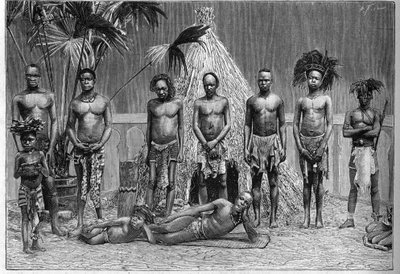 Gruppo di uomini della troupe angolana esposta a Parigi durante l