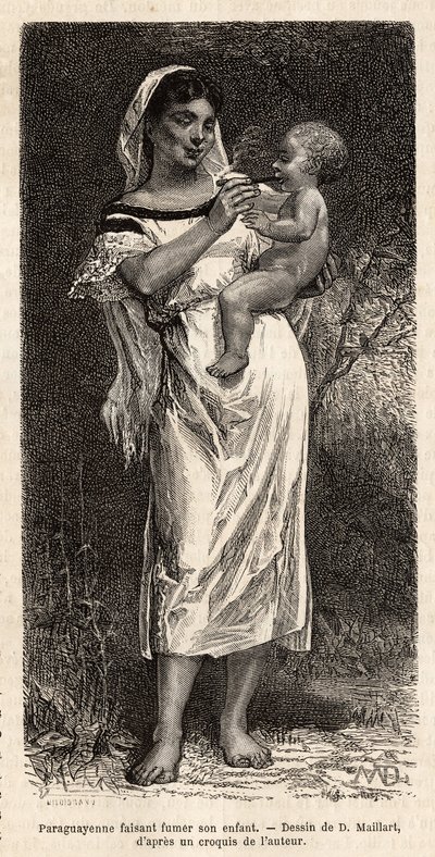 Donna Guaranie che fuma il sigaro al suo bambino, portato sul fianco, per cercare di placare il suo pianto, incisione dal disegno di D.Maillart, illustrante il viaggio in Paraguay nel 1872-1873, di L.Forgues, pubblicato in "Le tour du monde" 1874, a cura d da French School