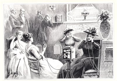 Ospiti in un hotel di Parigi che ascoltano trasmissioni dirette di opere o spettacoli teatrali sul Theatrophone di Marinovitch e Szarvady, da La Nature, pubblicato nel 1892 da French School
