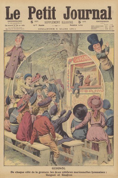 Guignol e Gnafron, famosi burattini francesi di uno spettacolo di Lione (litografia a colori) da French School