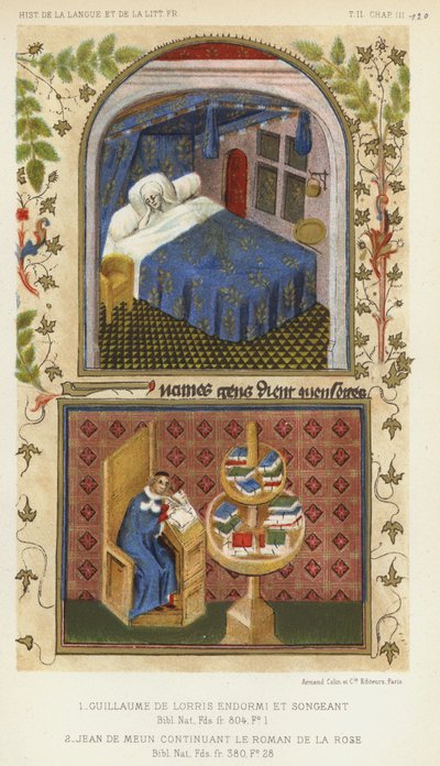 Guillaume de Lorris addormentato e sognante, Jean de Meun continua il Roman de la Rose da French School