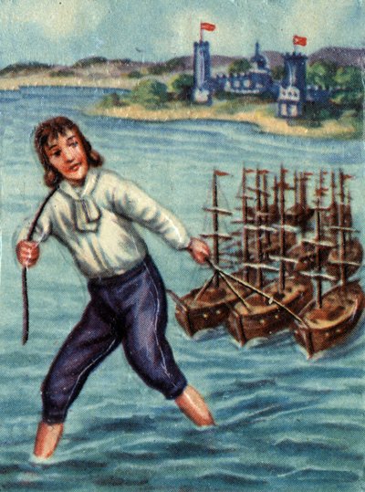Gulliver spara navi nemiche verso il porto di Lilliput. Illustrazione per la storia 