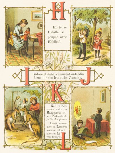 H I J K L: abilità, giardino, iris, gelsomino, canguri, kakato, lanterna magica, libri illustrati da French School