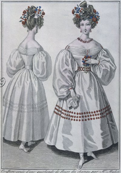 Acconciatura con una ghirlanda di fiori selvatici, Parigi, 1829 (incisione a colori) da French School