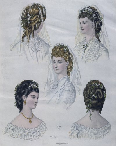 Acconciature, illustrazione da La Mode illustrée, 1872 (incisione a colori) da French School