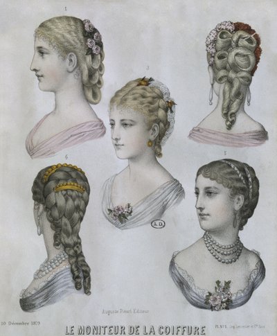 Acconciature, illustrazione da Le Moniteur de la Coiffure, 10 dicembre 1879 (incisione a colori) da French School