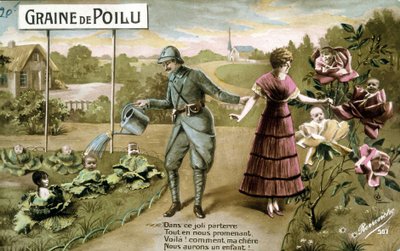 Semi pelosi: In questo bel pavimento mentre camminiamo, Ecco! come mio caro avremo un bambino - Cartolina sulla nascita, ca. 1914 da French School