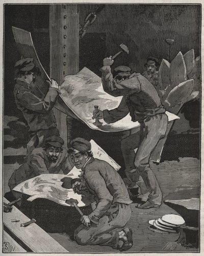 Martellatura e assemblaggio dei pezzi della Statua della Libertà realizzata da Frédéric Auguste Bartholdi. Incisione del 1880 in 