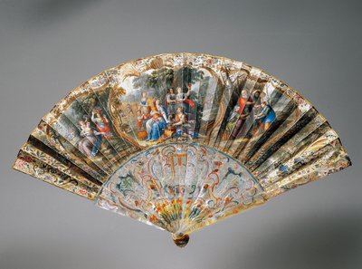 Ventaglio a mano con allegorie delle quattro stagioni, foglia di pelle di capra e costole di madreperla da French School