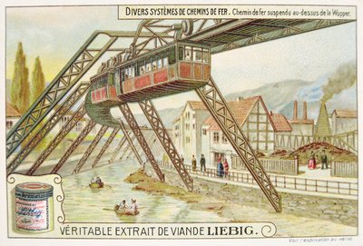 Treno sospeso sul fiume Wupper, carta pubblicitaria promozionale per Veritable Extrait de Viande Liebig da French School