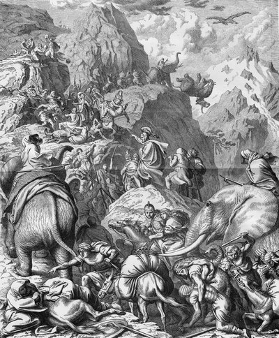 Annibale attraversa le Alpi con elefanti per arrivare in Italia (II Guerra Punica). Incisione del XIX secolo da French School