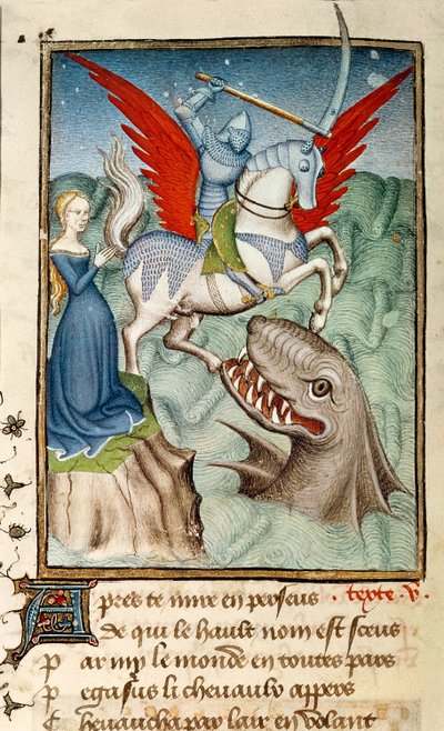 Andromeda salvata dal mostro da Perseo che cavalca Pegaso, copia parigina, c.1410-11 da French School