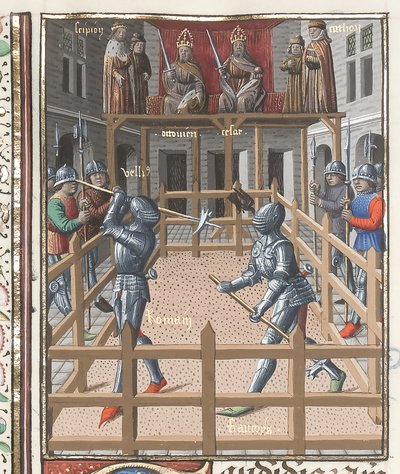 Due cavalieri che combattono con pollaxes, da 