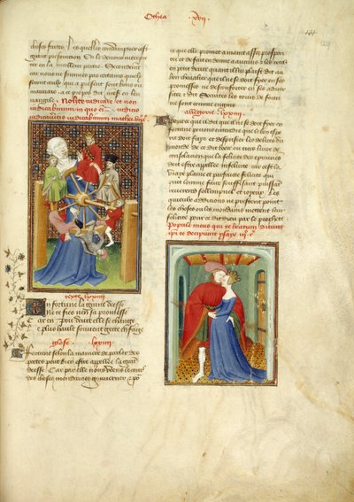 Harley 4431, f.129 La Ruota della Fortuna; e Parigi che abbraccia Elena, da 