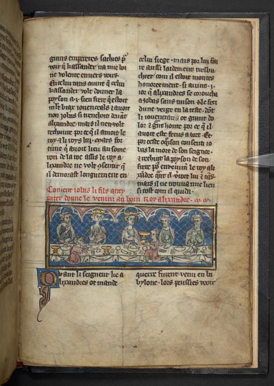 Harley 4979, f.78 Alessandro riceve veleno da Jobas durante un banchetto, da 