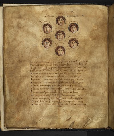 Illustrazione dei volti delle Pleiadi, sette sorelle che vivevano nei cieli come stelle, con i loro nomi iscritti intorno, da 