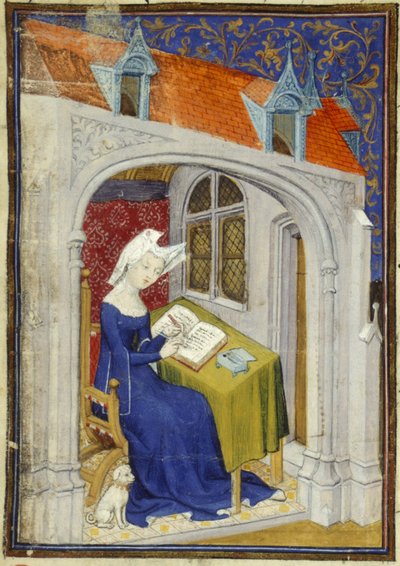 Dettaglio di una miniatura di Christine de Pizan nel suo studio all