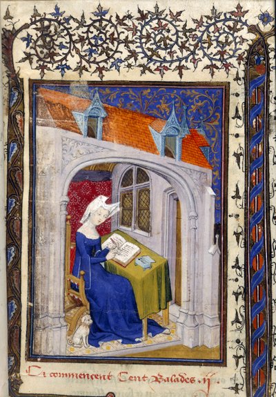 (dettaglio) di una miniatura di Christine de Pizan nel suo studio all