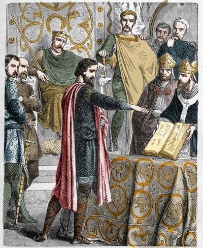 Harold II (1020-1066) ultimo re anglosassone incoronato nel 1064, giura sulle reliquie sacre davanti a Guglielmo I il Conquistatore di sostenere la sua causa per il trono d