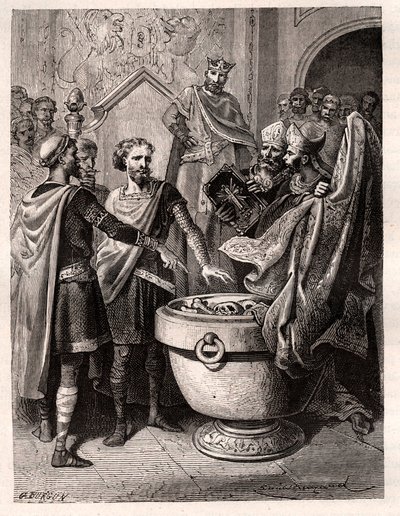 Harold II (1020-1066) ultimo re anglosassone incoronato nel 1064, giurato su reliquie sacre davanti a Guglielmo I il Conquistatore per sostenere la sua causa al trono d