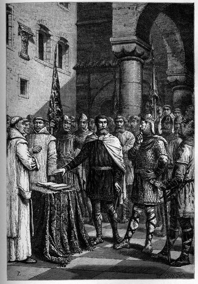 Harold, re degli inglesi, giura fedeltà a Guillaume, duca di Normandia (Guglielmo I) - Harold II (1020-1066) ultimo re anglosassone incoronato nel 1064, giurando sulle sacre reliquie davanti a Guglielmo I il Conquistatore di sostenere la sua causa al trono da French School