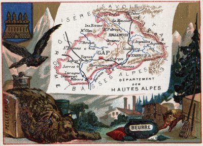 Hautes Alpes, Provenza-Alpi-Costa Azzurra, Francia. Specialità locali: pellicce, selvaggina, rapaci e burro. Serie sui Dipartimenti Francesi. Cromolitografia 