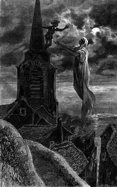 Apparve sul campanile della chiesa. Incisione che illustra il romanzo "Fuoco e Fiamme" di Zenaide Fleuriot. In "Le Journal de la jeunesse" da French School