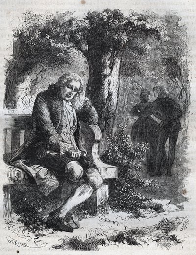 Sentì il sussurro di un bacio. Il filosofo svizzero Jean Jacques (Jean-Jacques) Rousseau (1712-1778) sorprende la sua compagna Marie-Thérèse (Marie Thérèse) Le Vasseur (Levasseur) (1721-1801) in pieno adulterio. Incisione del 1871 in "Histoire Des Cocus Cé da French School