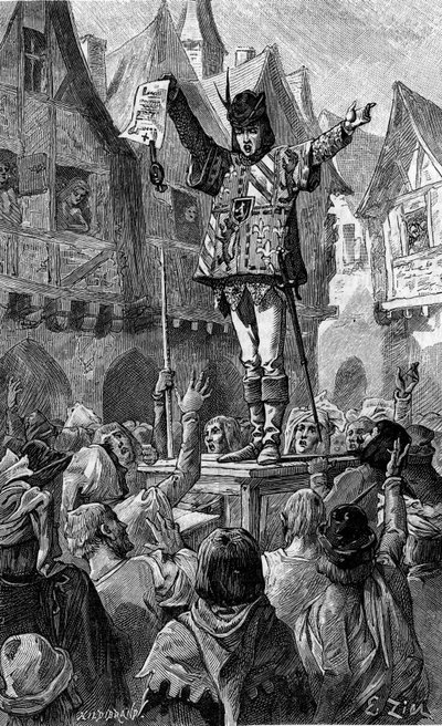 Teneva un rotolo in mano. Incisione che illustra il romanzo 