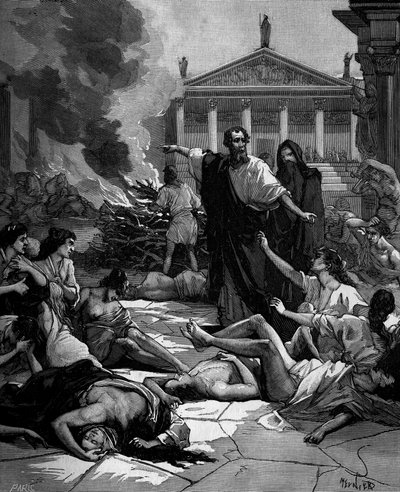 Ippocrate (in greco Ippokrates) medico greco (460-380 a.C.) arriva ad Atene e decima la peste accendendo grandi fuochi. da French School