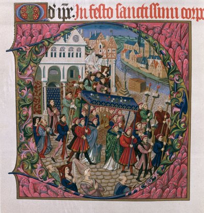 Iniziale istoriata D raffigurante una processione religiosa in Place de Greve, Parigi nel XV secolo (edizione facsimile del Missel de Jouvenel des Ursins) da French School