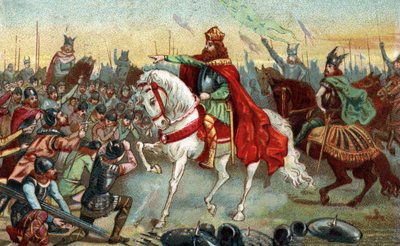 Storia della Gallia nel Medioevo: sassoni germanici inginocchiati davanti al re Carlo Magno che vinse le guerre. Cromolitografia della fine del XIX secolo. da French School