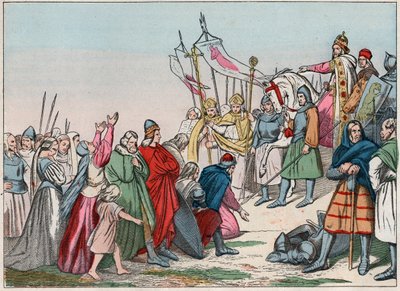 Storia della Gallia nel Medioevo: sassoni germanici inginocchiati davanti al Re Carlo Magno (742 - 814), vincitore delle guerre - Incisione della fine del XIX secolo in "Le nostre glorie nazionali - Immagini e racconti" da French School