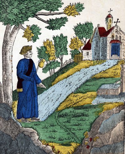 Storia dei quattro figli Aymon; Maugis, dopo aver fatto prigioniero Carlo Magno, andò in un eremo per fare penitenza, immagine di Epinal del XIX secolo da French School