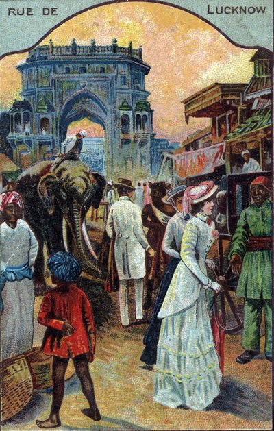 Storia del turismo: Turisti occidentali in una strada di Lucknow, India. Cromolitografia del XIX secolo. Collezione privata da French School