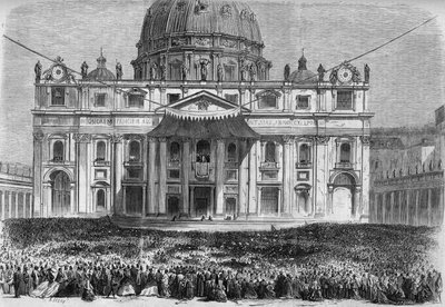 Settimana Santa a Roma: vista di Piazza San Pietro a Roma durante la benedizione "urbi et orbi" il Giovedì Santo e la Domenica di Pasqua. Incisione in "Le Monde Illustré" n.526 dell