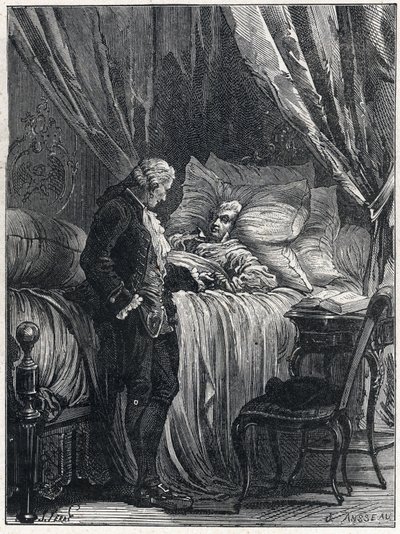 Honoré Gabriel Riqueti, conte di Mirabeau (1749-1791) sul letto di morte con il suo medico, Georges Cabanis (1757-1808) nel 1791 da French School