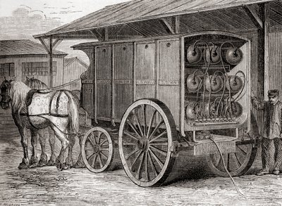 Veicolo trainato da cavalli usato per trasportare gas compresso in contenitori portatili nel XIX secolo, da Les Merveilles de la Science, pub. c.1870 da French School
