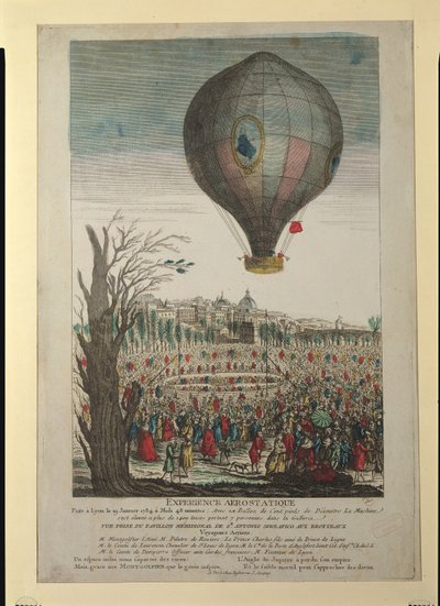 Esperimento con mongolfiera dei fratelli Montgolfier e François Pilâtre de Rozier (1754-85) a Lione, 19 gennaio 1784 da French School