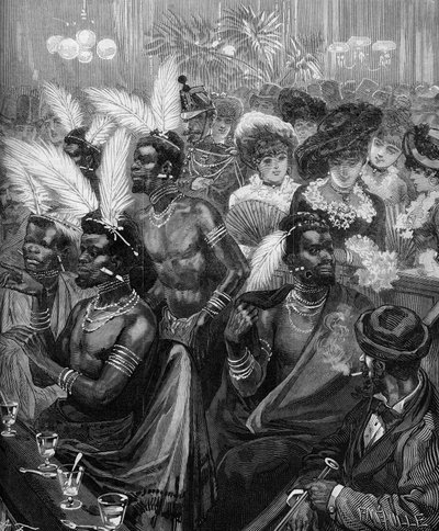 Zoo Umano: guerrieri Zulu esposti in una loggia al Cabaret des Folies Bergeres (Folies-Bergeres) a Parigi nel 1879. Incisione in "Le Monde Illustré" n.1178 del 21 novembre 1879 da French School